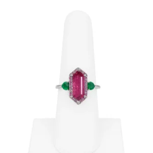 Dazzling Elongated Hexagonal Pink Sapphire and Emerald Ring