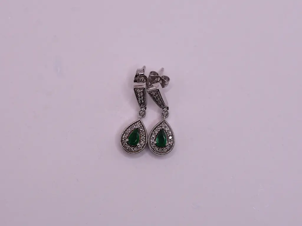Natural Emerald and Diamond Drop Earrings - Image 2