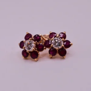 Natural Ruby and Diamond Floral Stud Earrings