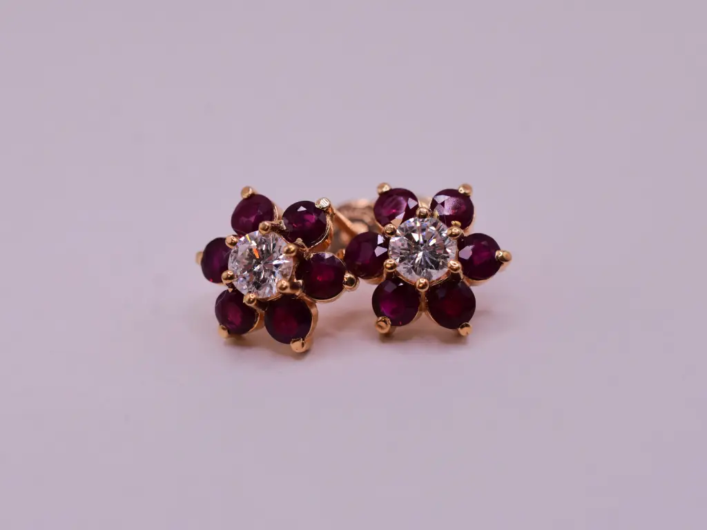 Natural Ruby and Diamond Floral Stud Earrings
