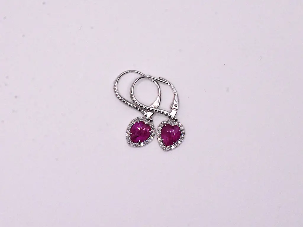 Natural Ruby Hearts and Halo of Diamond Dangle Earrings - Image 2