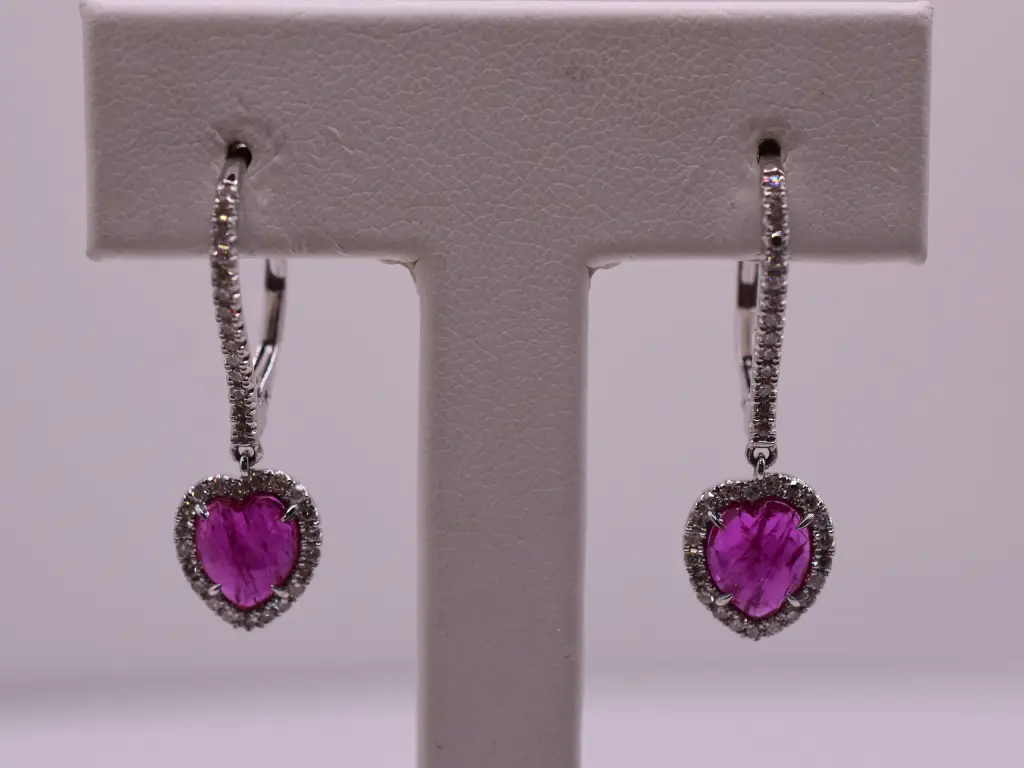 Natural Ruby Hearts and Halo of Diamond Dangle Earrings