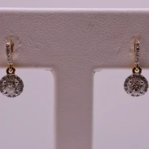 Yellow Gold Natural Diamond Halo Drop Earrings